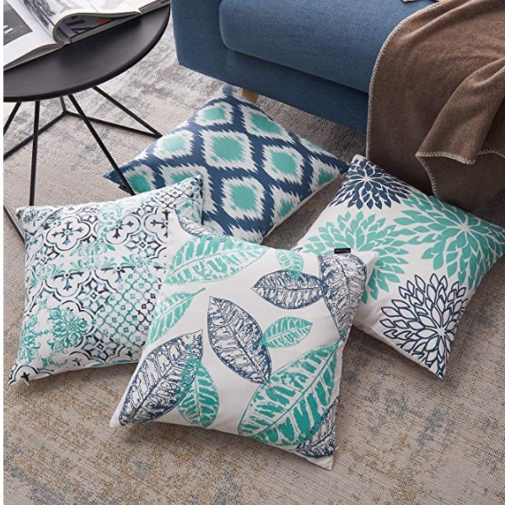 Four Decorative Throw Pillow Cushion Cover, Cyan - Picture 2 of 16